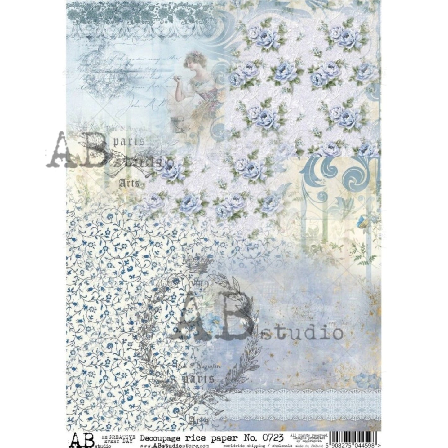 AB Studio Vintage, Shabby Chic, Blue, Flowers, Background, #723 Size: A4 - 8.27 X 11.69 inches Rice Paper for Decoupage Imported from Poland