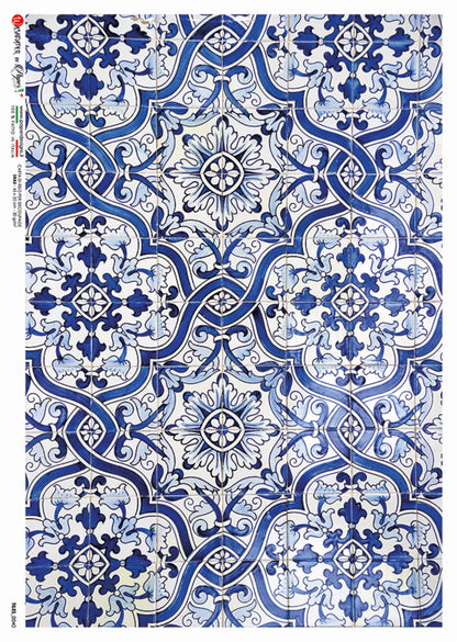 Paper Designs. Tiles, Blue, White, Rice Paper for Decoupage, Mixed Media, 0040 A4 Size: A4 - 8.3" X 11.7" Paper Designs