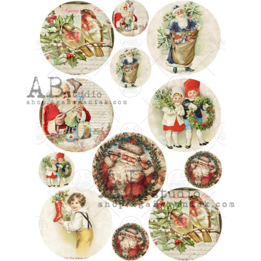 AB Studio Christmas Santa, Ornament, Rounds, #347 Size: A4 - 8.27 X 11.69 in Rice Paper for Decoupage Imported from Poland