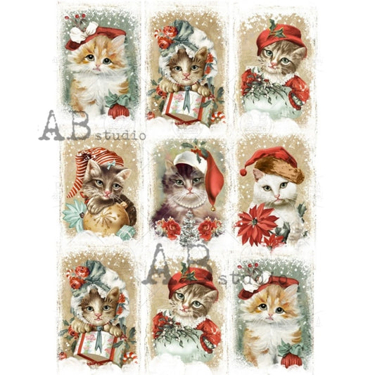 AB Studio Christmas Cat, Kitten, Santa, Ornament, Squares, #1133 Size: A4 - 8.27 X 11.69 in Rice Paper for Decoupage Imported from Poland