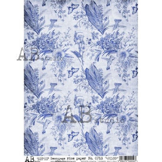 AB Studio Shabby Chic, Vintage, Blue, Floral, Wallpaper, #718, A4 - 8.27 X 11.69 inches Rice Paper for Decoupage Imported from Poland