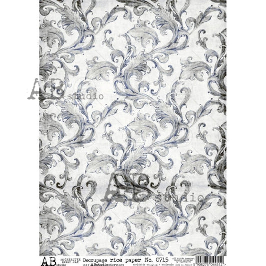 AB Studio Vintage, Shabby Chic, Blue, Flourishes, Background, #715, A4 - 8.27 X 11.69 inches Rice Paper for Decoupage Imported from Poland