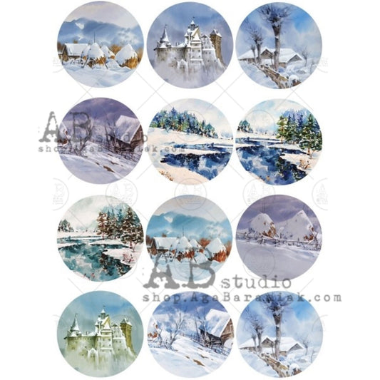 AB Studio Christmas Ornament Rounds, Landscape, Snow Scenes, #0439, A4 - 8.27 X 11.69 in Rice Paper for Decoupage Imported from Poland