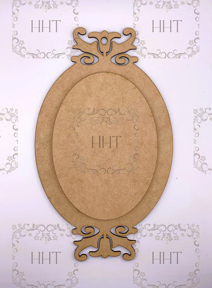 Laser Cut MDF Vintage Style Oval Plaque with center overlay, Base, Blank, Panel, Pendant, 2 pc, Decoupage Mixed Media 6.5 x 11 in, 1/8 inch Handcrafted Holiday Traditions