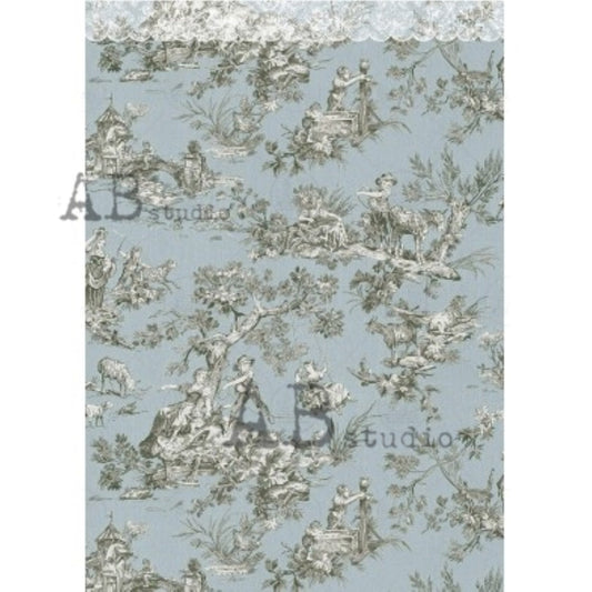 AB Studio, Rice Paper for Decoupage, Romantic Rice Paper, Vintage Style, Shabby Chic, Blue, White, Wallpaper, 1811, A4 - 8.27 X 11.69