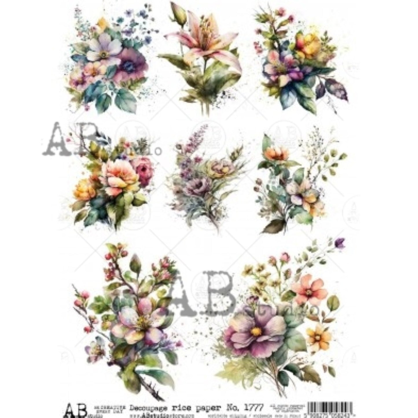 AB Studio, Rice Paper for Decoupage, Floral, Flowers, Bouquets, Shabby Chic, Vintage, Wallpaper, 1777, A4 8.27 X 11.69 Imported Poland