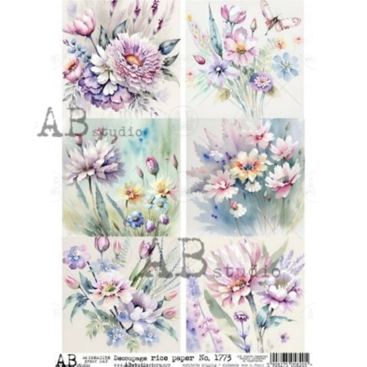 AB Studio, Rice Paper for Decoupage, Romantic, Shabby Chic, Pastel, Flowers, Squares, Floral, 1773, A4 8.27 X 11.69 Imported Poland