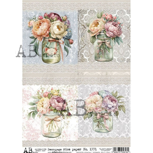 AB Studio, Rice Paper for Decoupage, Romantic, Shabby Chic, Flowers, Vases, Jars, Bouquets, Squares, 1771, A4 8.27 X 11.69 Imported Poland