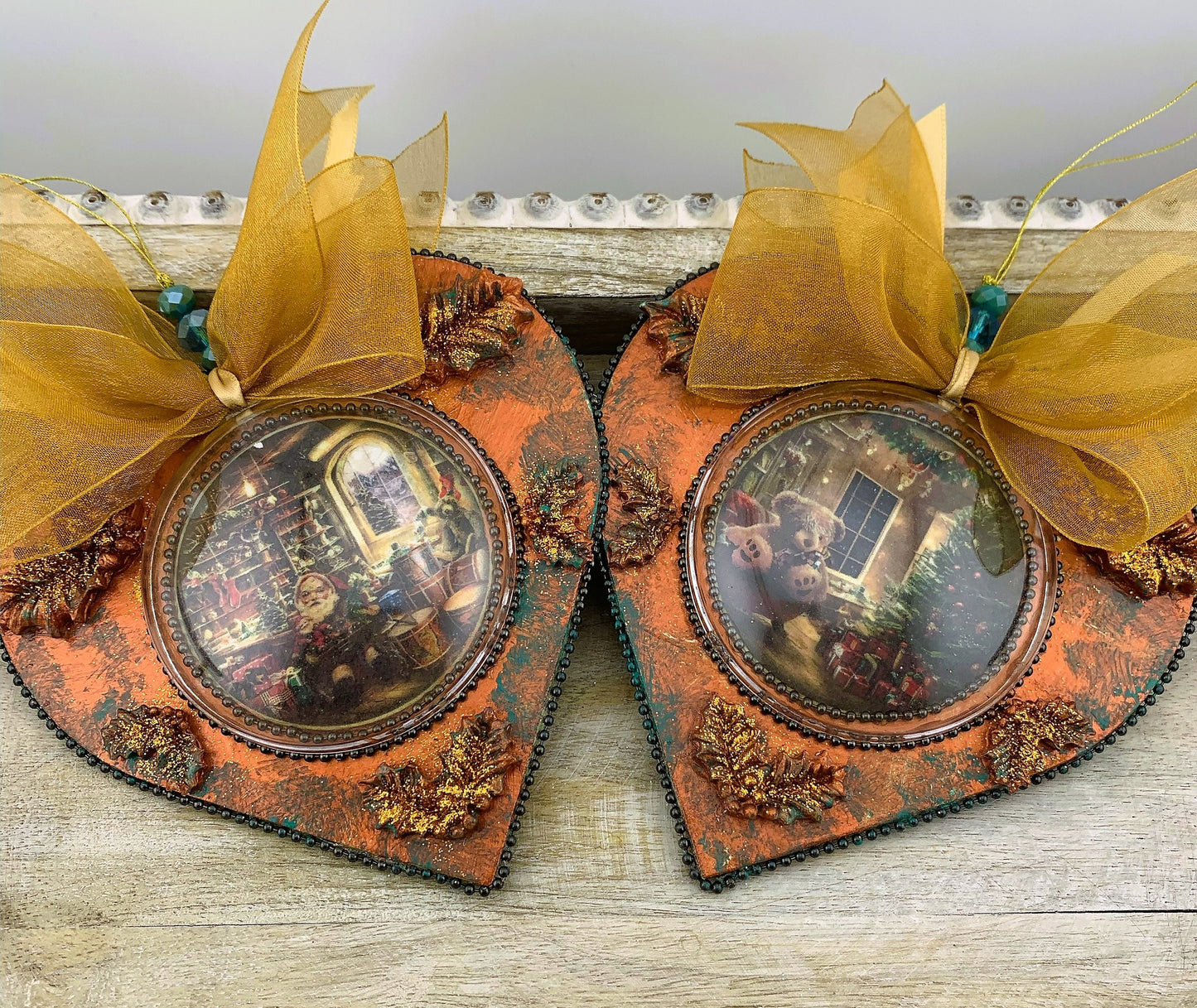 Handcrafted MDF Copper Heart Christmas Ornament Set 4, Decoupage Vintage Christmas Scenes, Shabby Chic, Vintage Style Patina Heart Set 4