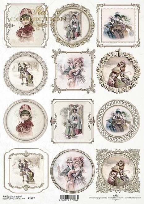 ITD Collection Rice Paper for Decoupage R2117 Size A4 - 210x297 mm, 8.27x11.7 Vintage Children, Rounds, Ornaments, Christmas, Scenes, Frames