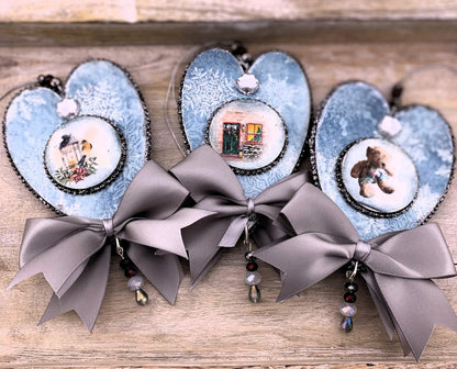 Handcrafted, Laser cut, MDF, Heart, Decoupage, Vintage Style, Christmas, Ornament, Set of 3, Teddy Bears, Hearts, Mixed Media Handmade by Pamela