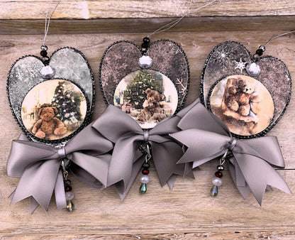 Handcrafted, Laser cut, MDF, Heart, Decoupage, Vintage Style, Christmas, Ornament, Set of 3, Teddy Bears, Hearts, Mixed Media Handmade by Pamela