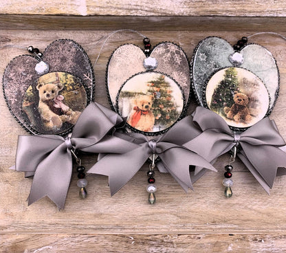Handcrafted, Laser cut, MDF, Heart, Decoupage, Vintage Style, Christmas, Ornament, Set of 3, Teddy Bears, Hearts, Mixed Media Handmade by Pamela