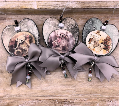 Handcrafted, Laser cut, MDF, Heart, Decoupage, Vintage Style, Christmas, Ornament, Set of 3, Teddy Bears, Hearts, Mixed Media Handmade by Pamela