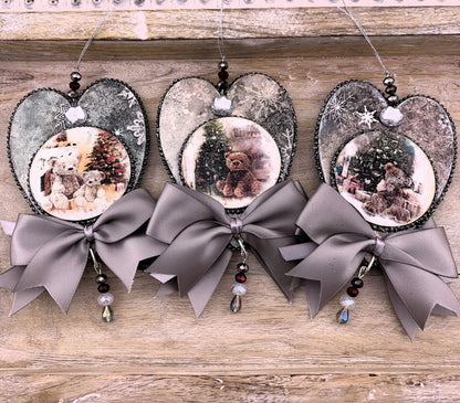 Handcrafted, Laser cut, MDF, Heart, Decoupage, Vintage Style, Christmas, Ornament, Set of 3, Teddy Bears, Hearts, Mixed Media Handmade by Pamela