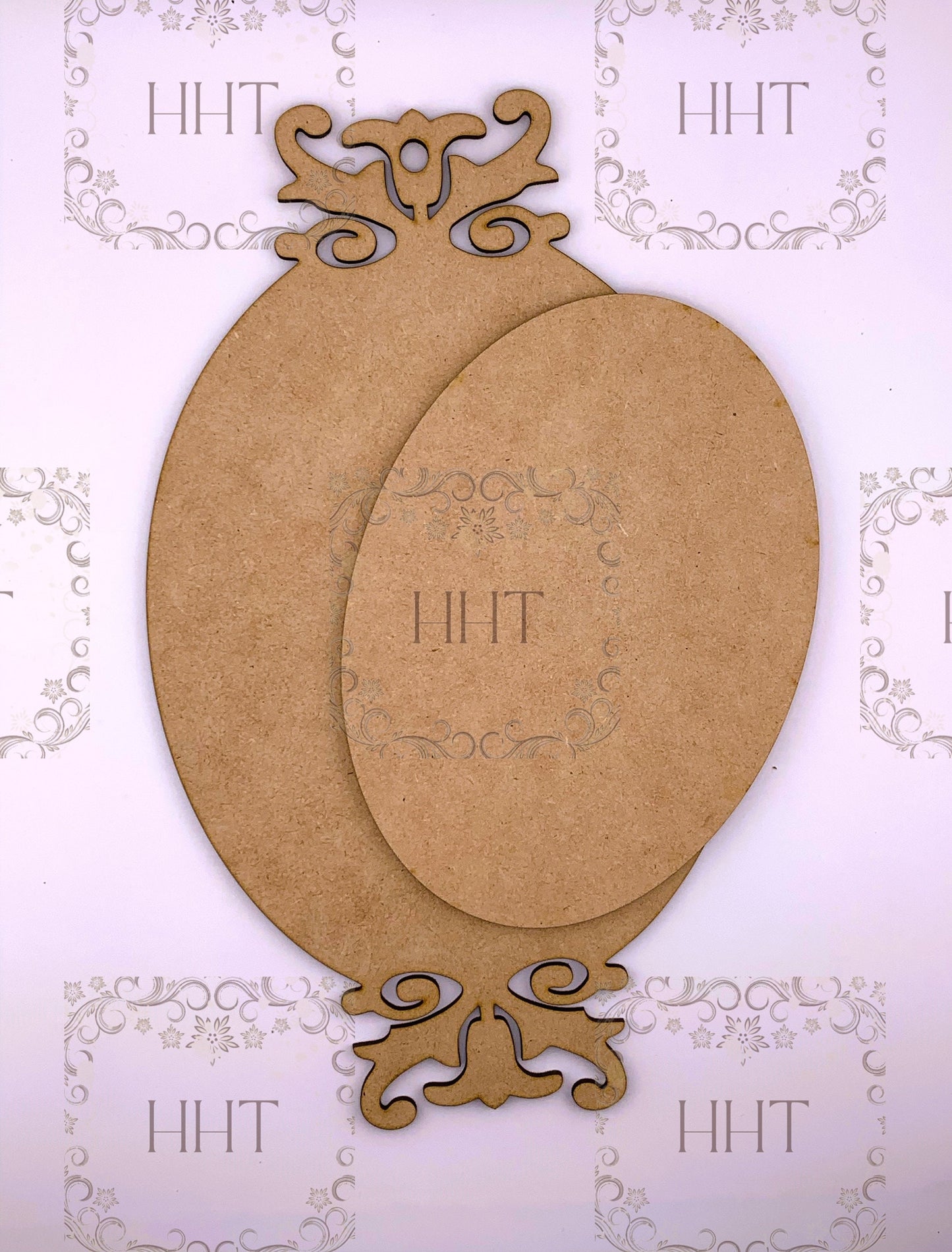 Laser Cut MDF Vintage Style Oval Plaque with center overlay, Base, Blank, Panel, Pendant, 2 pc, Decoupage Mixed Media 6.5 x 11 in, 1/8 inch