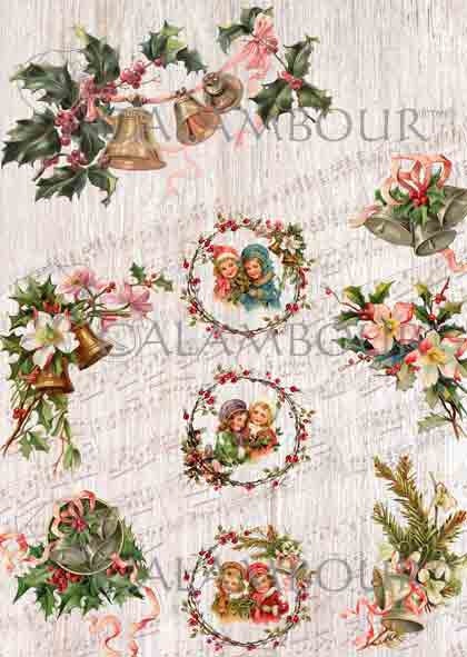 Calambour Christmas Collection, Shabby Chic, Vintage, Garlands, Bells, Holly, Music, DGR 316, Rice Paper Decoupage 32 x 45 cm 12.5 x 17 in