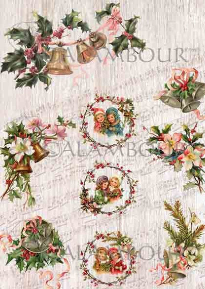 Calambour Christmas Collection, Shabby Chic, Vintage, Garlands, Bells, Holly, Music, DGR 316, Rice Paper Decoupage 32 x 45 cm 12.5 x 17 in Calambour