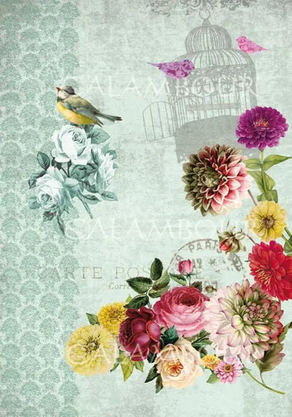 Calambour, Italian Design, Bonheur Collection, Shabby Chic, Birds, Flowers, Cage, DGR-221, Rice Paper, Decoupage 32 x 45 cm 12.5 x 17 in Calambour