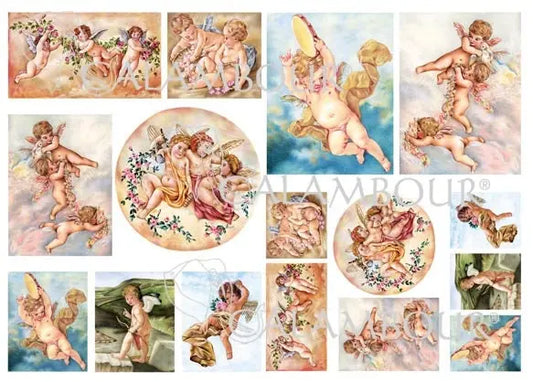 Calambour, Italian Design, Cherubs, Angels, Squares, Circles, Vintage Style, PAU71, A3 Rice Paper, Decoupage 31.75 x 44.5 cm 12.5 x 17.5 in Calambour