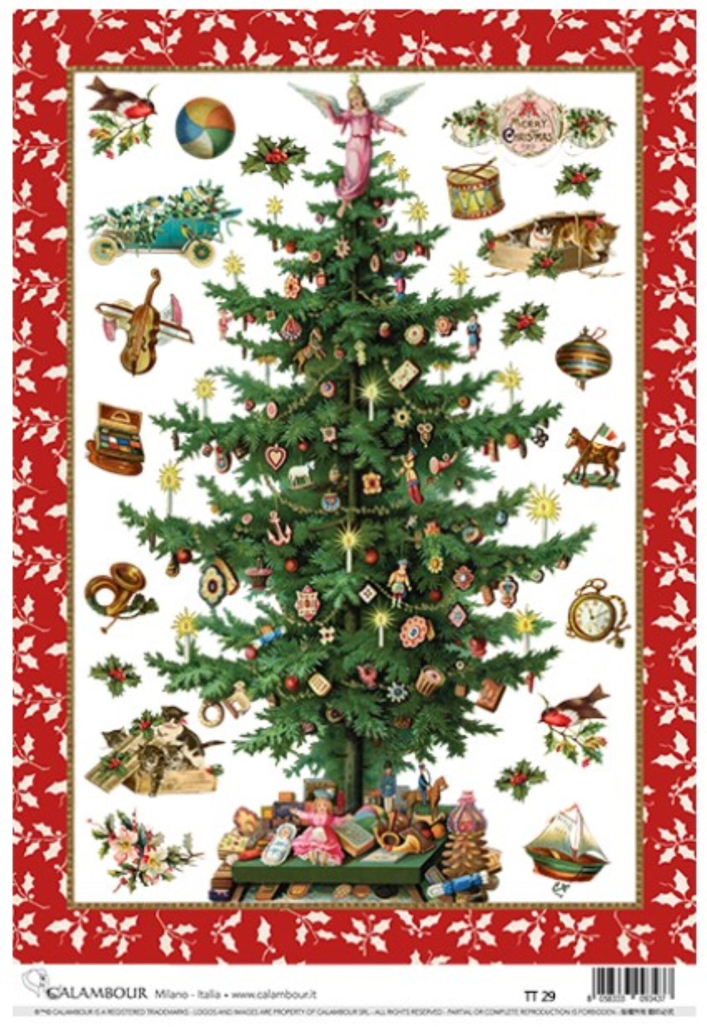 Calambour, Italian Design, Christmas Collection, Tree, Music, Garland, Holly, Mulberry Rice Paper, TT29, Decoupage, 22 x 32cm 8.75 x 12.5 A4