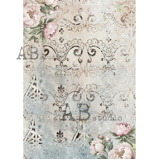 AB Studio, Rice Paper for Decoupage, Romantic Rice Paper, Vintage Style, Shabby Chic, Lace, Roses, Wallpaper, 1822, A4 - 8.27 X 11.69