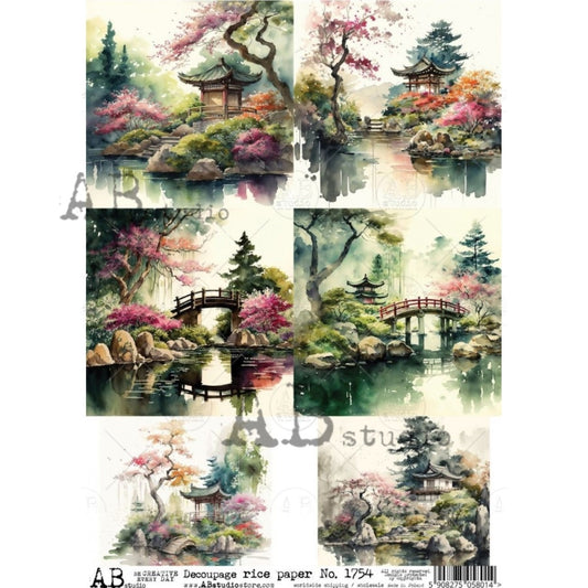 AB Studio, Rice Paper for Decoupage, Shabby Chic, Asian, Landscape, Bridges, Japanese, Trees, Flowers, 1754, A4 8.27 X 11.69 Imported Poland