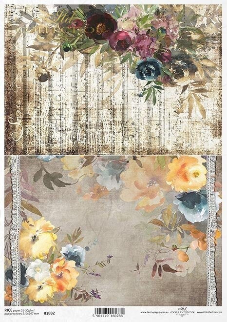 ITD Collection Rice Paper for Decoupage R1832, Size A4, 8.27x11.7 Flowers, Music Notes, Ribbon, Lace, Watercolor, Background, Wallpaper