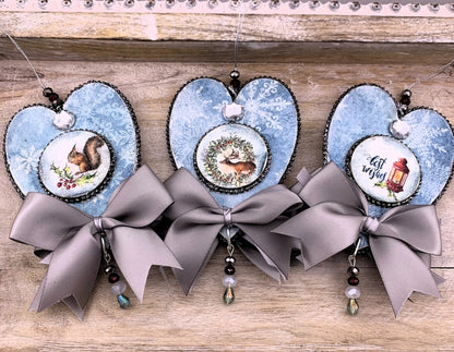 Handcrafted, Laser cut, MDF, Heart, Decoupage, Vintage Style, Christmas, Ornament, Set of 3, Teddy Bears, Hearts, Mixed Media Handmade by Pamela