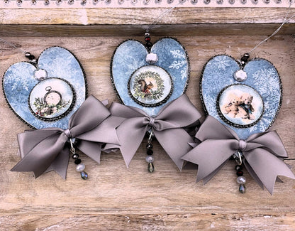 Handcrafted, Laser cut, MDF, Heart, Decoupage, Vintage Style, Christmas, Ornament, Set of 3, Teddy Bears, Hearts, Mixed Media Handmade by Pamela