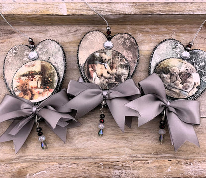 Handcrafted, Laser cut, MDF, Heart, Decoupage, Vintage Style, Christmas, Ornament, Set of 3, Teddy Bears, Hearts, Mixed Media Handmade by Pamela