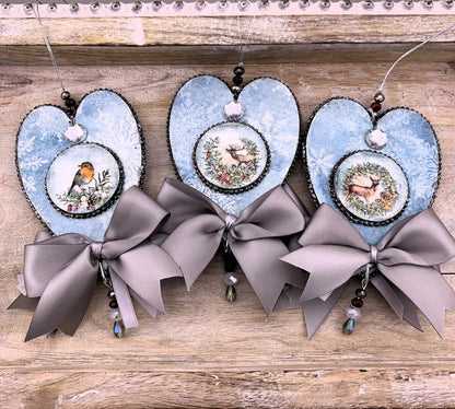 Handcrafted, Laser cut, MDF, Heart, Decoupage, Vintage Style, Christmas, Ornament, Set of 3, Teddy Bears, Hearts, Mixed Media Handmade by Pamela