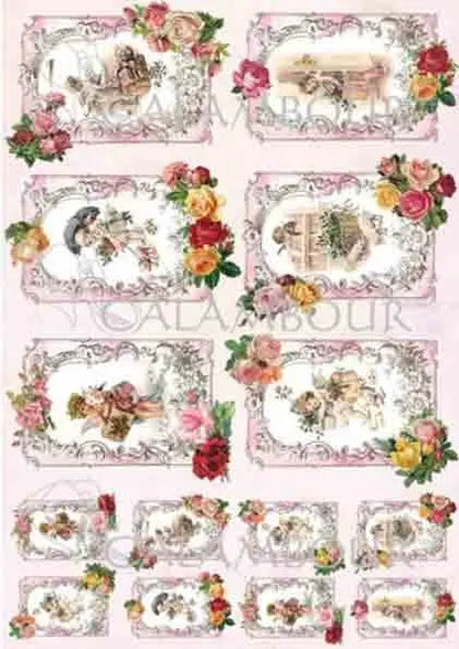 Calambour, Italian Design, Christmas Collection, Angels, Shabby chic, Squares, Roses, DGR264, Rice Paper, Decoupage 32 x 45 cm 12.5 x 17 in Calambour