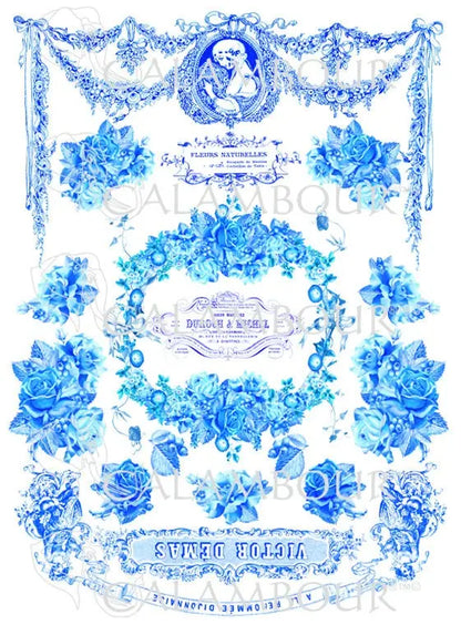Calambour, Italian Design, Blue, White, Floral, Roses, Garland, Paris, Vintage, TCR73, A3 Rice Paper for Decoupage 32 x 45cm 12.9 x 18in Calambour