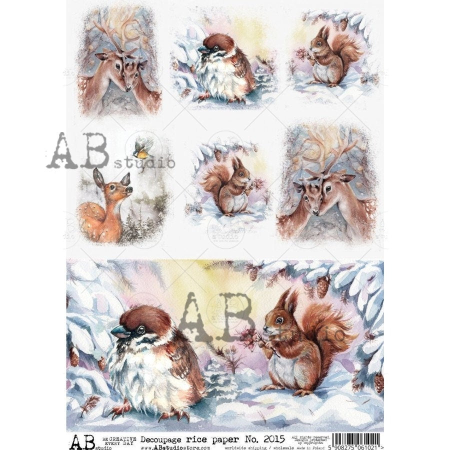 AB Studio Shabby Chic, Winter, Christmas, Owls, Deer, Birds, Snow, Squares, 2015, A4 - 8.27 X 11.69 in, Rice Paper Decoupage Imported Poland