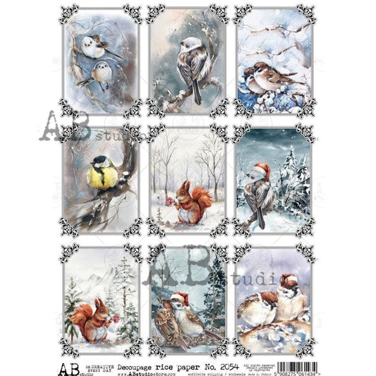 AB Studio Christmas, Christmas, Blue, White, Winter, Birds, Squares, Snow, Trees, 2054, A4, 8.27 X 11.69 Rice Paper, Decoupage, Imported