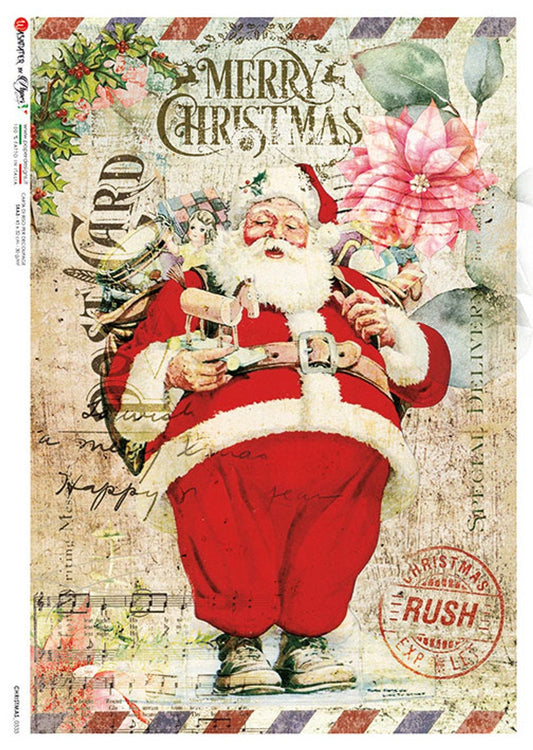 Paper Designs. Rice Paper, Christmas, Santa Claus, Toys, Vintage Style, 0333 A4 8.3" X 11.7" Rice Paper for Decoupage