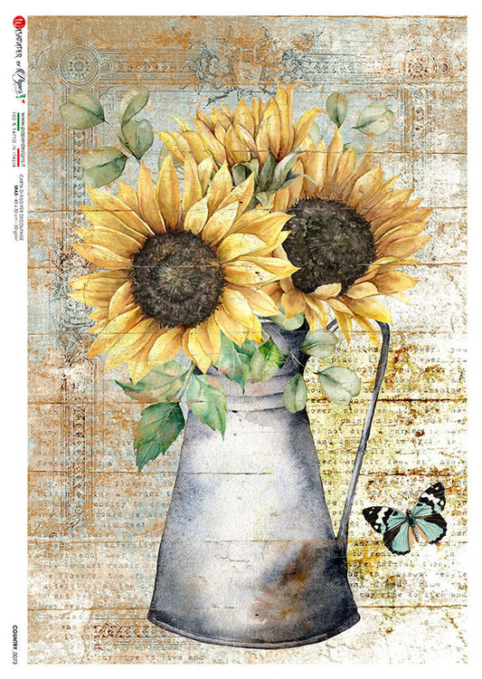 Paper Designs, Sunflowers, Vase, Country, 0073, A4, 8.3" X 11.7", Rice Paper for Decoupage, mixed media, flowers, butterflies