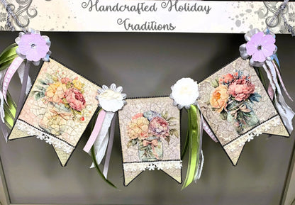 Handcrafted, Mixed Media, Shabby Chic, Decoupage, Flag, Banner, Bunting, Garland, Roses, Ribbon, Lace, Vintage Style, Laser Cut MDF Handmade by Pamela