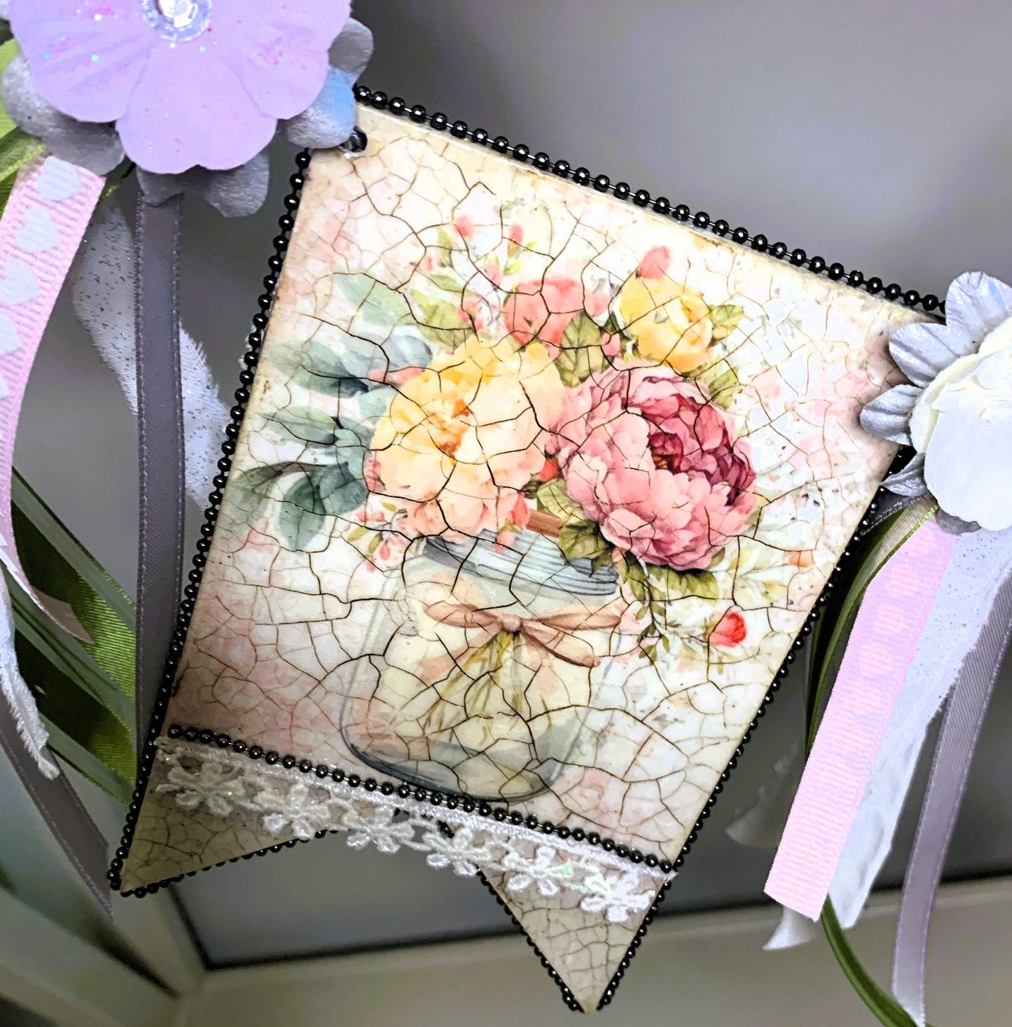 Handcrafted, Mixed Media, Shabby Chic, Decoupage, Flag, Banner, Bunting, Garland, Roses, Ribbon, Lace, Vintage Style, Laser Cut MDF