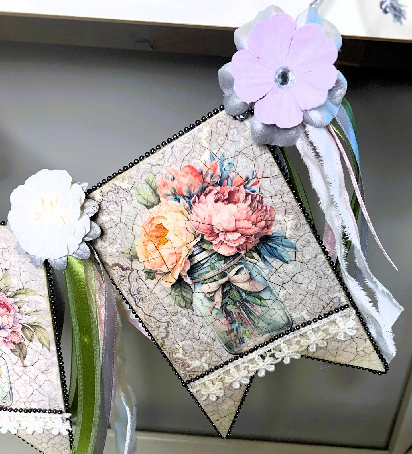 Handcrafted, Mixed Media, Shabby Chic, Decoupage, Flag, Banner, Bunting, Garland, Roses, Ribbon, Lace, Vintage Style, Laser Cut MDF