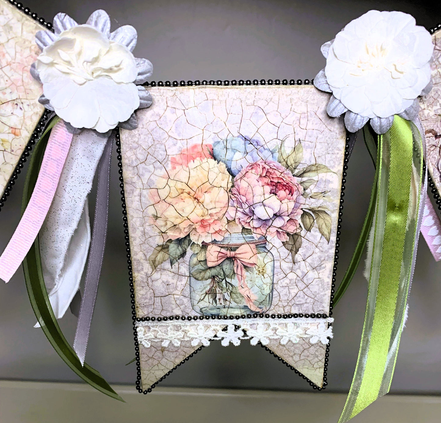 Handcrafted, Mixed Media, Shabby Chic, Decoupage, Flag, Banner, Bunting, Garland, Roses, Ribbon, Lace, Vintage Style, Laser Cut MDF