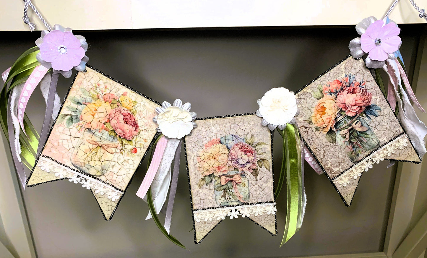 Handcrafted, Mixed Media, Shabby Chic, Decoupage, Flag, Banner, Bunting, Garland, Roses, Ribbon, Lace, Vintage Style, Laser Cut MDF