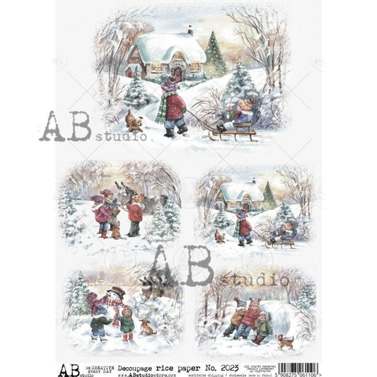 AB Studio, Vintage, Winter, Christmas, Children Playing, Snow, Squares, 2023, A4 - 8.27 X 11.69 in, Rice Paper Decoupage Imported Poland