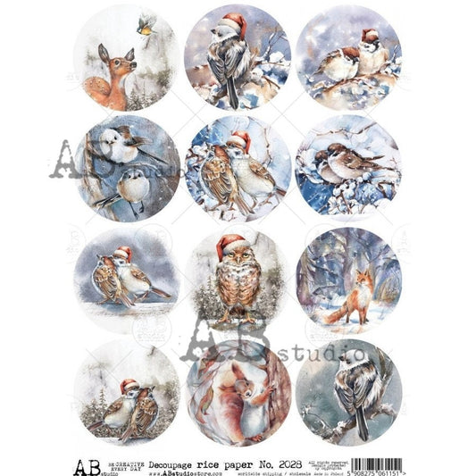 AB Studio Shabby Chic, Winter, Christmas, Owls, Deer, Birds, Snow, Rounds, 2028, A4 - 8.27 X 11.69 in, Rice Paper Decoupage Imported Poland
