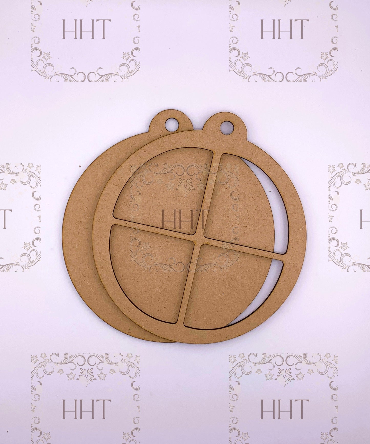 Laser Cut MDF, Christmas, Circle, Ornament, Base, Blank, Windowpane Overlay, 2 pc, Decoupage, Mixed Media, 6" x 6.5", 1/8 in thick