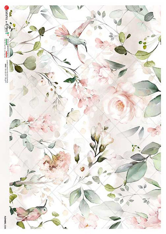 Paper Designs, Watercolor, Hummingbirds, Flowers, Pink, Roses, 0388-A4 Size: A4 - 8.3" X 11.7" Rice Paper for Decoupage, Mixed Media