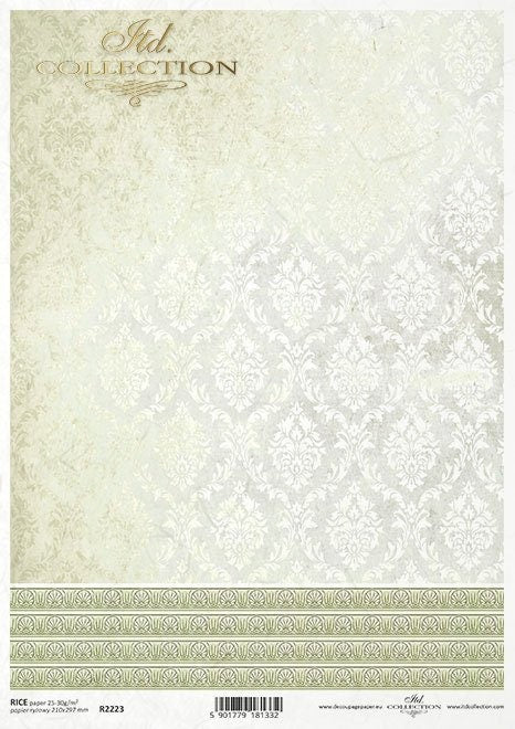 ITD Collection Rice Paper for Decoupage R2223 Size A4 8.27x11.7 inch, wallpaper motifs, pastel, backgrounds, laces, green, Damask