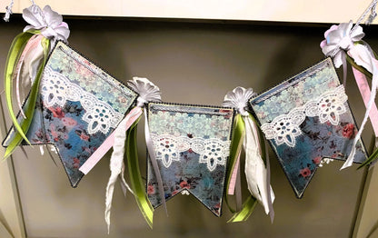 Handcrafted, Mixed Media, Shabby Chic, Decoupage, Flag, Banner, Bunting, Garland, Roses, Ribbon, Lace, Vintage Style, Laser Cut MDF Handmade by Pamela