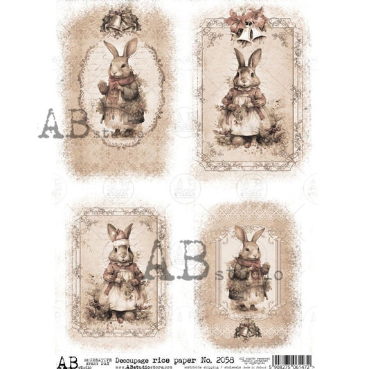 AB Studio Shabby Chic, Vintage, Christmas, Rabbits, Squares, Holiday Bunnies, 2058, A4, 8.27 X 11.69, Rice Paper, Decoupage, Imported Poland